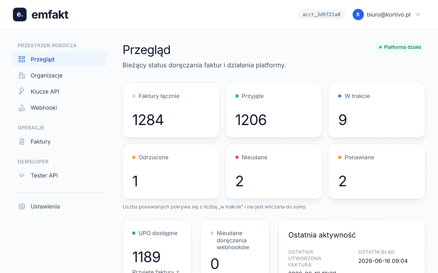 Panel Przeglądu emfakt — Mission Control ze wskaźnikami statusów faktur KSeF dla wszystkich organizacji.